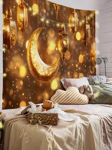 1pc Eid Mubarak Pattern Printed Tapestry, Large Size Decorative Hanging Cloth, Home Decor, Holiday Gift, Party Decoration, Live Streaming Background, Suitable For Living Room And Hotel, With Installation Bag (Accessories Included) - Multicolor - View 3