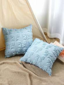 2pcs Spring/Summer Decorative Pillow Covers, Wedding, Christmas, Valentine's Day Party Decor Cushion Covers, Cute Bow Soft Plush Jacquard Sofa Throw Pillow Cases, Suitable For Girls Bedroom, Bed, Sofa, Living Room - Màu xanh nhạt - Xem 2