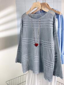 Women's Loose Knit Hollow Crochet Cover Up, Round Neck Long Sleeve Lightweight Sheer Top, Spring/Summer - Blue-gray - View 4