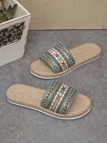 1 Pair Bohemian Style Woven Rope Sole Flat Sandals, Comfortable & Lightweight, Strap Peacock Blue Color, Suitable For Vacation, Daily Wear, Beach, Summer - Peacock Blue - View 8