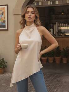 Women's Asymmetrical Halter Top Dressy Sleeveless Flowy Tank Tops Sleeveless Asymmetrical Halter Top High Neck Loose Fit Flowy Tank Top Backless Casual Dressy Blouse Shirts - 香檳色 - 查看 3