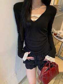 Lace Patchwork Base Layer T-Shirt, Fitted Chic Elegant Women Top - Black - View 6