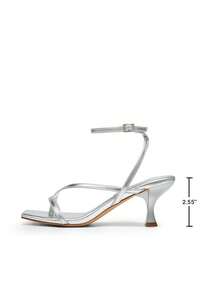 Women Minimalist Low Kitten Heeled Ankle Strap Thong Sandals, Sexy Square Toe Fashion Heeled Sandals - Bạc - Xem 4
