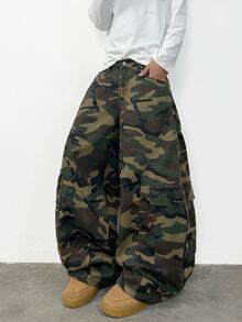 1 buah Celana Jeans Patchwork Longgar Multi-Saku Motif Kamuflase Gaya Jepang, Celana Kaki Lebar Kasual untuk Aktivitas Luar Ruangan, Sepanjang Musim - Hijau Tentara - View 7