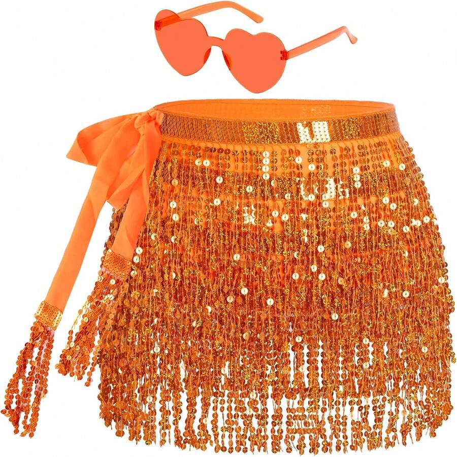 Sequin Belly Dance Scarf Tassel Wrap Sparkly Fringe Skirt With Pair Heart Party Rave Costume Women - 橘子 - 查看 1