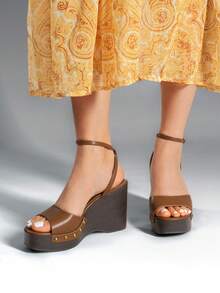 Women's Wedge Sandals 3.94inch Platform Square-Toe Dressy Ankle Buckle Studded Fashion Elegant Sandals Summer Brown Shoes - màu nâu - Xem 4