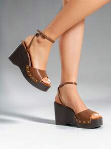 Women's Wedge Sandals 3.94inch Platform Square-Toe Dressy Ankle Buckle Studded Fashion Elegant Sandals Summer Brown Shoes - màu nâu - Xem 5