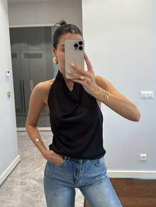 女士无袖吊带背心，纯色高端优雅，适合返校、派对、晚宴等场合，休闲黑色夏季款 - 黑色 - 查看 7