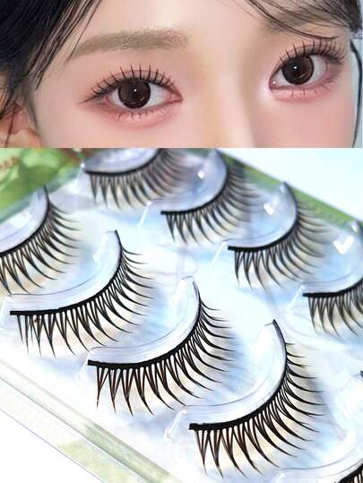 5 par/ask koreanska lösögonfransar i ett stycke, styva, naturlig look, tät och spetsig topp, hela fransar, rekommenderas för cosplay och makeupartister