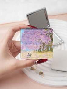 1件装艺术油画风格人像系列折叠式化妆镜，轻巧超薄，便携手持镜，耐用PU皮革材质，适用于多种场景，折叠式方形小镜，方便携带，口袋镜，芭蕾舞者、花田、房屋、猫、女孩、情侣肖像等独特设计，印刷精准细腻，折叠结构，经久耐用，防摔，方便手持，180°翻盖，多功能 - 彩色 - 查看 14