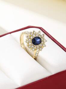 1 chiếc nhẫn đính hôn sang trọng dành cho nữ, đính đá Cubic Zirconia hình bầu dục màu xanh dương, kiểu dáng cổ điển, màu vàng kim, trang sức cưới cho phụ nữ. - nhẫn - Xem 4