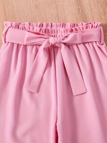 2pcs Girls Casual Round Neck Letter & Bow Print Ruffle T-Shirt, Knit Top And Flare Pants Set, Suitable For Home And Outings, Flare Pants Set - Pink - View 5
