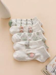 5双装女士春夏水晶拼接花卉图案时尚透气短袜