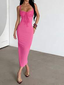 Onicee 夏季连衣裙，红色蕾丝拼接开衩吊带优雅连衣裙，适合情人节、约会、聚会、派对、旅行、度假、海滩等场合。 - 玫紅色 - 查看 4