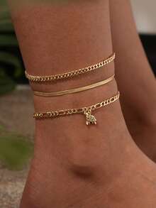 3pcs/Set Women Anklet Set, Bohemian Summer Beach Vacation Layered Style, Gold-Plated Cuban Link, Flat Snake Bone Chain, Copper Zirconia Turtle Pendant Ocean Series Multi-Layer Anklet Accessories Gift - Yellow Gold - View 3