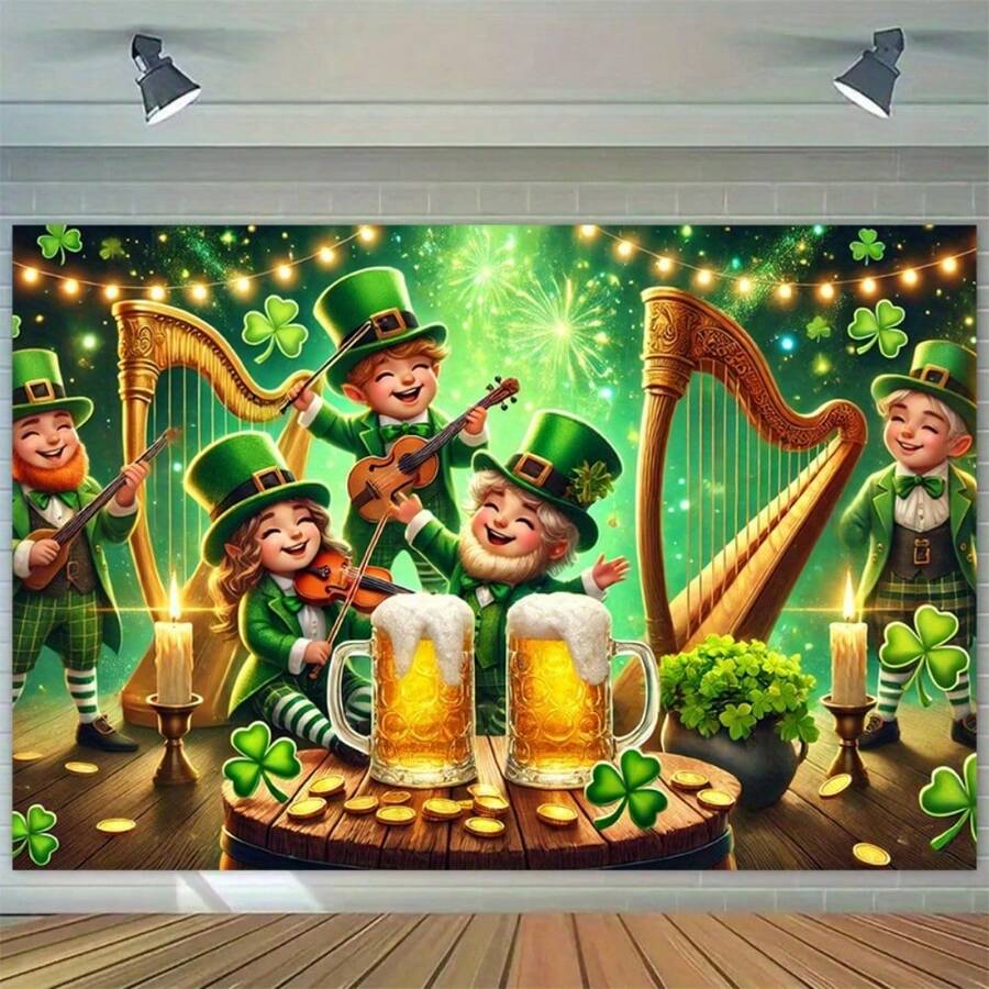 1pc St. Patrick's Day Background Fabric With Background Design Of Wine Glasses And Clover Elves, Polyester Fabric Suitable For Parties, Patios, Home Front Decorations And Photo Shoot Background Decorations - Multicolor - View 1