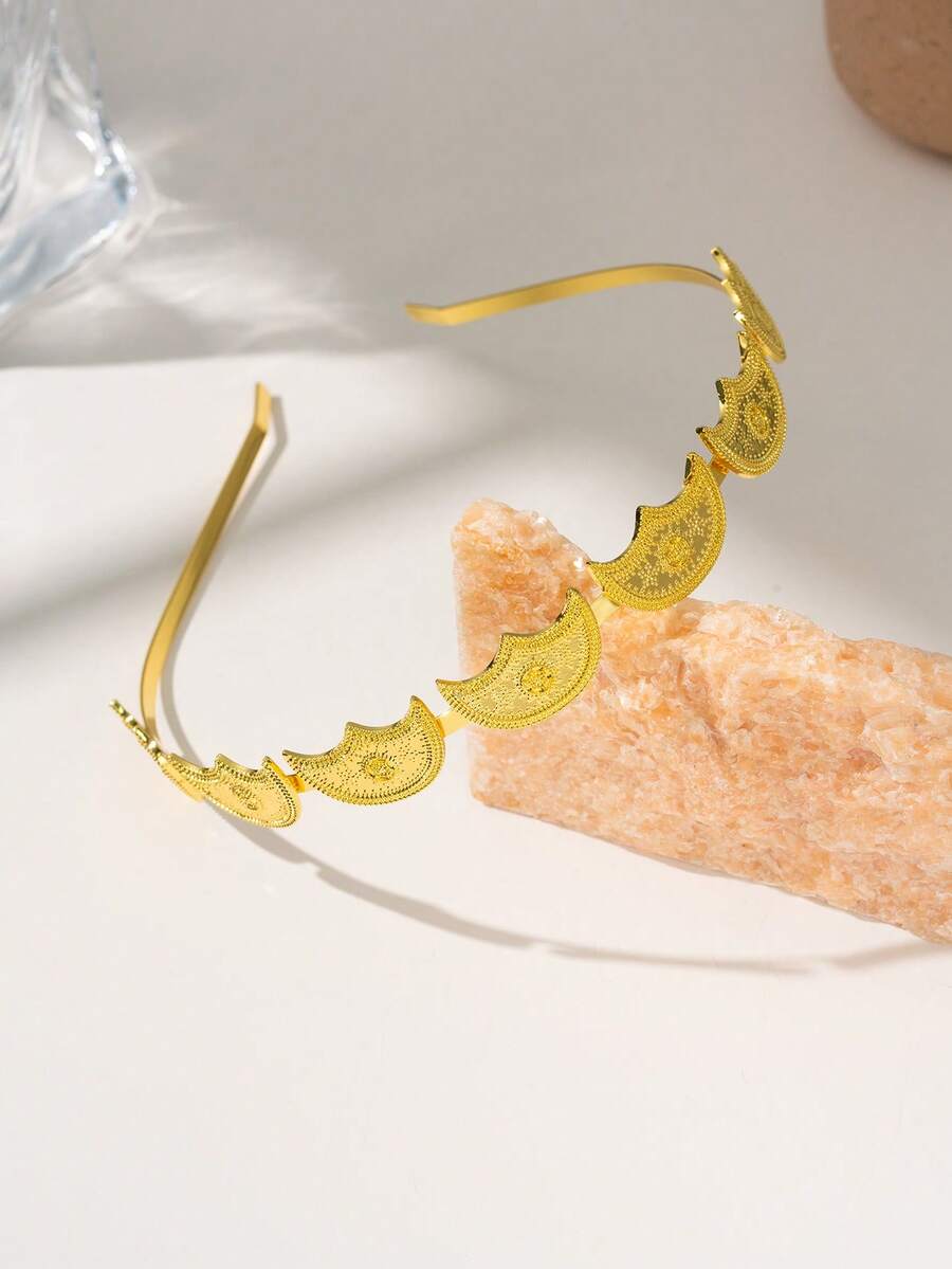 1件奢华镀金阿拉伯新娘头饰，月牙形发饰，适合婚礼、派对、日常佩戴 - 金色 - 查看 1