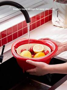 Large Plastic Double-Layer Double-Ear Drain Basket, Vegetable Washing Basin, Kitchen Fruit Basket - Red - View 2