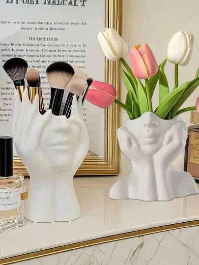 2 piezas Organizador de escritorio con forma de jarrón de rostro moderno, soporte de almacenamiento multifuncional para brochas de maquillaje, bolígrafos, flores frescas - Decoración de arte de forma humana abstracta para oficina, escritorio, dormitorio, sala de estar
