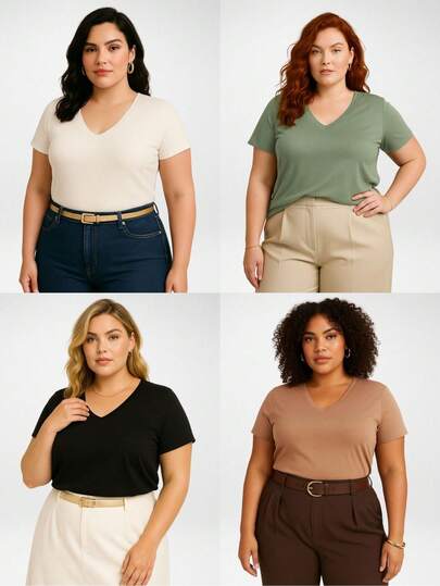 Kit 3 Blusas Feminina Plus Size Decote V Manga Curta Malha Premium Básica Casual - H00