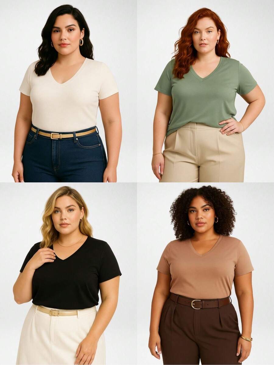 Set Of 3 Women's Plus Size Blouses, V-Neck, Short Sleeve, Premium Knit, Basic Casual Style - H00 - Multicolor - Ver 1