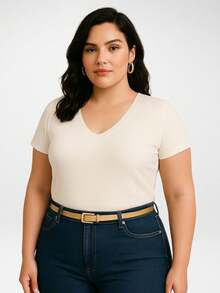 Set Of 3 Women's Plus Size Blouses, V-Neck, Short Sleeve, Premium Knit, Basic Casual Style - H00 - Multicolor - Ver 2