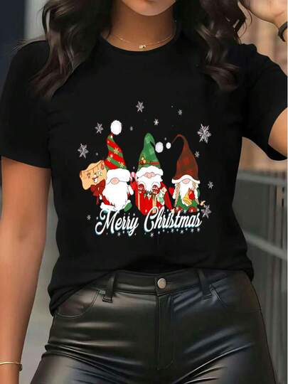 Women's Christmas Gnome Graphic Tee Merry Christmas Print Short Sleeve T - Shirt Casual Holiday Party Top Plus Size Friendly Xmas Gift Tshirt