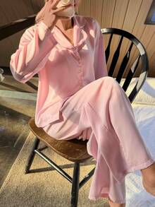 Nina Bonheur 2pcs Women Loose Comfortable Breathable Striped Long Sleeve Pajama Set - Pink - View 5