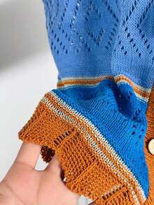 蓝白橙撞色镂空针织背心，V领单排扣无袖开衫 春季 - 藍白色 - 查看 8