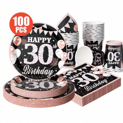 30-årsdag diamant svart bakgrund engångstallrikar, servetter, koppar - engångsfesttillbehörsset, passar 25 gäster, engångspapperstallrikar festporslin lämplig för födelsedag, bröllop, temafest, familjepicknick