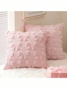 1/2 Pcs Bow Pillowcase Set Of Two Comfortable Room Decor Cute Faux Fur Soft Bow Without Padding Fluffy Plush Aesthetic Pillowcase Bed Sofa Sofa Sofa, Autumn Christmas Decoration (18 X 18 Inches, Pink) - 弓 - 查看 3