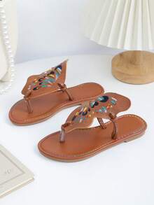 1 đôi dép lê thời trang mùa hè cho bé gái, họa tiết cánh bướm nhiều màu sắc, đường may tinh tế, màu nâu cổ điển, dép xỏ ngón đi biển, thích hợp cho mang hàng ngày, dự tiệc bãi biển. - màu nâu - Xem 2