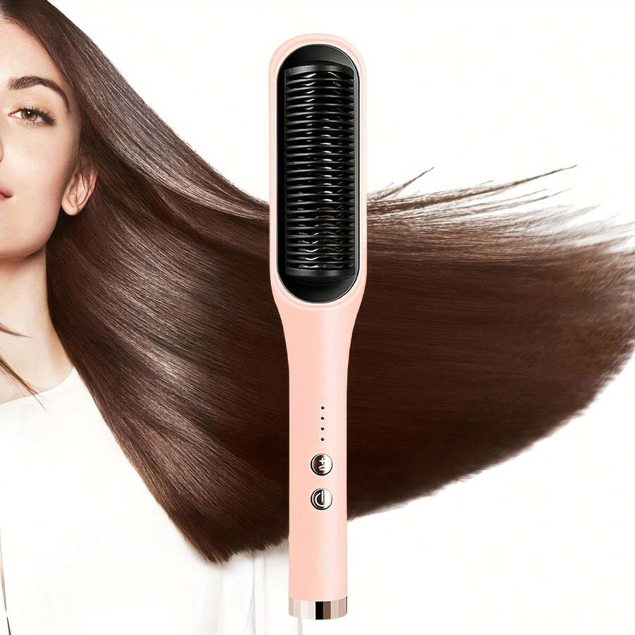 5 Heat Settings Hair Straightening Brush, 30s Quick Heating, Dual Voltage, Anti-Scald Auto Shut Off, Home Styling Tool, Available In Pink, Black, Purple, Dark Green - View 1