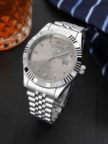 RICECGO 1 件男士商务石英表，奢华时尚男士腕表，带夜光双日历显示，不锈钢表带，适合日常佩戴，是情人节或生日送给男士的理想礼物 - 銀色 - 查看 6