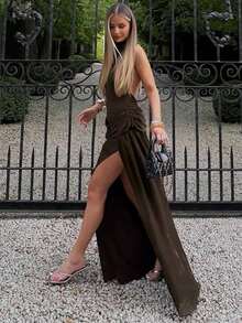 Evening Gown: Women's Backless Halter Neck Maxi With Mesh Panel & High Slit In Solid Color - trắng - Xem 11