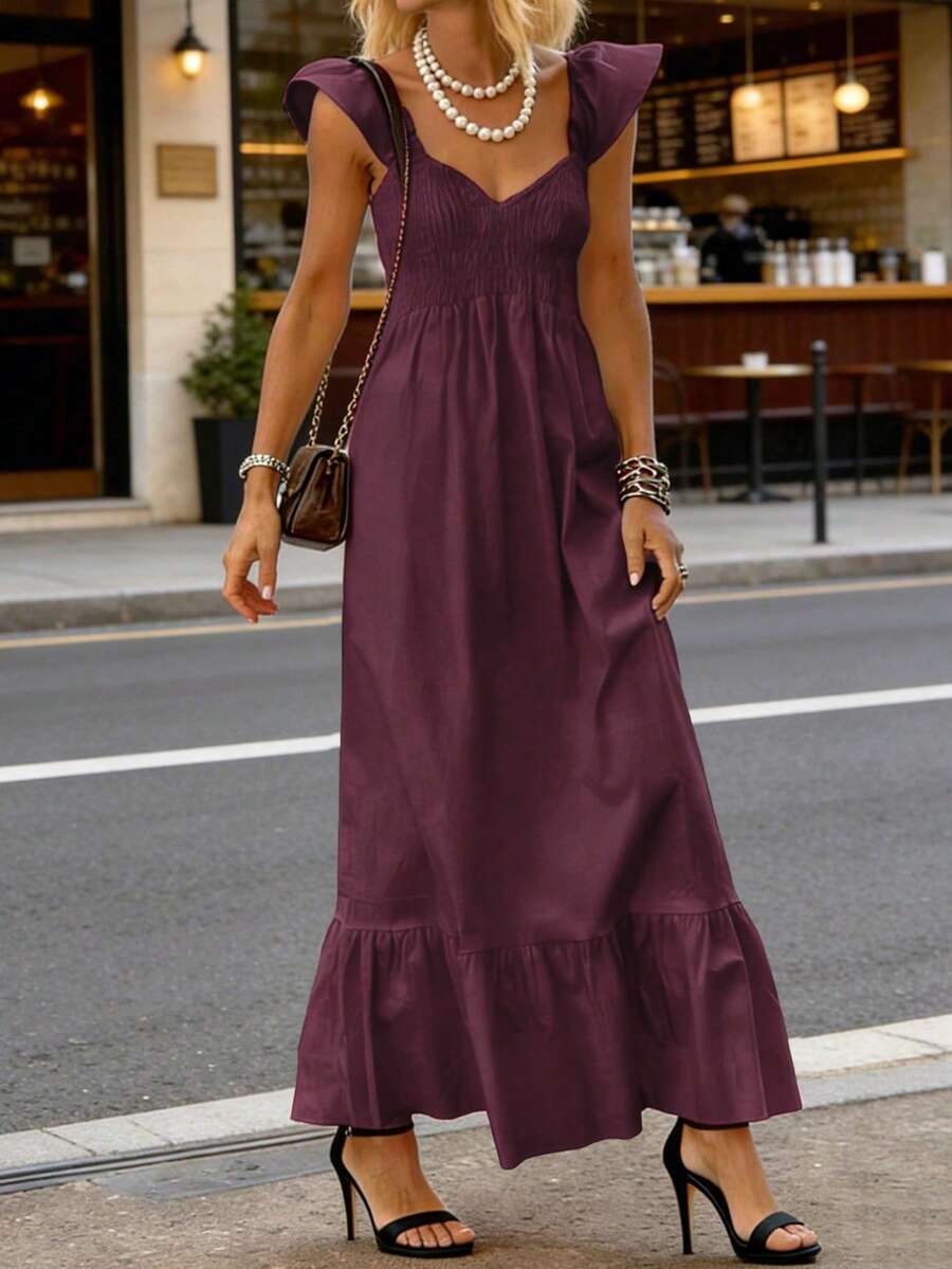 女士春夏连衣裙，红色，时尚休闲，纯色，简约舒适，无肩带设计，优雅短袖连衣裙