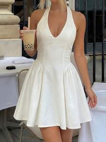 Vestido mini ajustado con tirantes y cuello anudado para mujer - Blanco - Ver 1