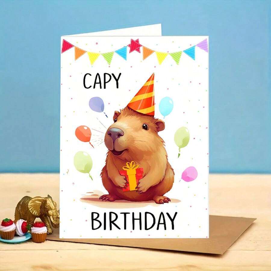 1张趣味生日贺卡，附信封，可爱水豚生日贺卡，水豚双关语生日贺卡，送给他的/她的生日快乐贺卡 - 彩色 - 查看 1