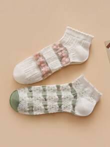 5双装女士春夏水晶拼接花卉图案时尚透气短袜