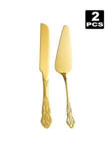 2 Pieces Cake Cutting Set For Wedding, Gold Cake Knife And Server Set, Pizza Spatula And Knife For Engagements, Anniversaries - Multicolor - View 7