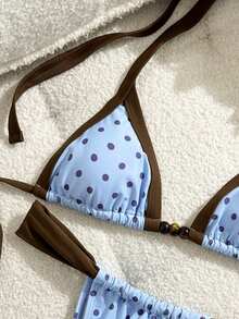 女士新款波点印花撞色滚边三角比基尼上衣和系带泳裤两件套泳衣，蓝色和棕色度假沙滩装 - 彩色 - 查看 3