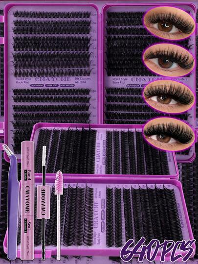 640pcs D-Curl Individual False Eyelashes Set, Large Capacity, Includes Glue, Sealing Glue, Tweezers, Lash Brush, Beginner-Friendly False Lashes Kit, DIY At-Home Eyelash Extension Set, Fluffy & Thick Segmented False Lashes, Self-Adhesive, Lash Brush Suitable For DIY Daily/Light/Full Makeup/Office/Y2K/Cosplay Eye Makeup, Easy To Apply, Lightweight As Hair, Soft & Realistic, Great Gift For Women