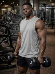 男士纯色无袖健身背心修身训练服 - 淺灰色 - 查看 1