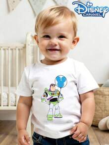 Disney Toy Story Buzz Lightyear Design, Suitable For Baby Boys And Girls, Casual And Simple Short-Sleeved Crew Neck T-Shirt, Perfect For Summer Wear. - trắng - Xem 1