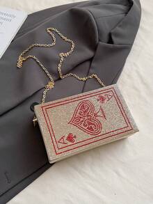 New Fashionable Diamond-Studded Playing Card Evening Bag, European And American Style Full Rhinestone Small Square Bag, Crossbody Bag With Chain Strap. Women's Bag In Champagne Gold With Box-Shaped Playing Card Logo Design, Top Metal Chain Design, Strong Magnetic Closure, Adjustable For Shoulder, Crossbody, Or Hand-Carry Wear - Champagne - View 7