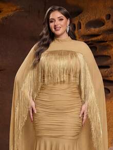 Faeriesty 女士大码高领正式晚礼服，饰有闪亮流苏肩袖和修身鱼尾裙摆，适合周年纪念、浪漫活动、红毯盛会、正式晚宴、奢华约会之夜、情人节派对、婚礼等场合。 - 香檳色 - 查看 4