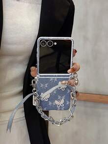 Women's Foldable Phone Case With Side Metal Buckle, Denim, 3 Rhinestones, Butterfly, Wrist Strap, Protective Cover, Fashionable Design, Suitable For Samsung Galaxy Z Flip7, Galaxy Z Flip7 FE, Galaxy Z Flip6, Galaxy Z Flip5 - Multicolor - View 7