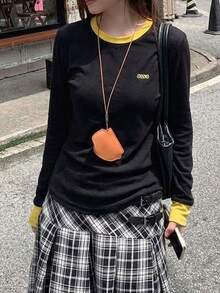 撞色字母镶嵌撞色细边度假上衣 - 黑色 - 查看 4