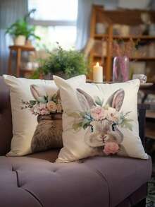 1/2/4pcs Easter Single-Sided Printed Decorative Cushion Cover With Cute Floral And Bunny Pattern, Measuring 17.7*17.7 Inches. Suitable For Easter Living Room Sofa And Bedroom Home Decor. Pillow Insert Not Included. - Multicolor - View 7