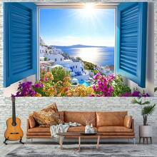 2D Flat Banner "Mamma Mia" Themed Party Background - 1pc Greek Blue Shutter With Aegean Sea And Blooming Flowers, Polyester Photography Backdrop, Suitable For Birthday And Anniversary Decoration, Fabric Banner, Mobile Events, Anniversary Occasions, General Purposes - Multicolor - View 6